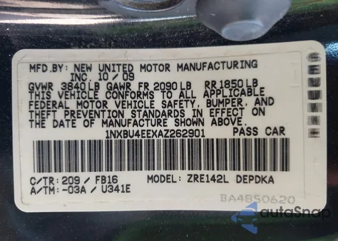 2010 Toyota Corolla from USA, damaged, VIN 1NXBU4EEXAZ262901